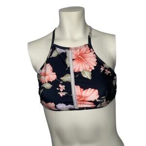 C Apparel L black floral hibiscus cross back top